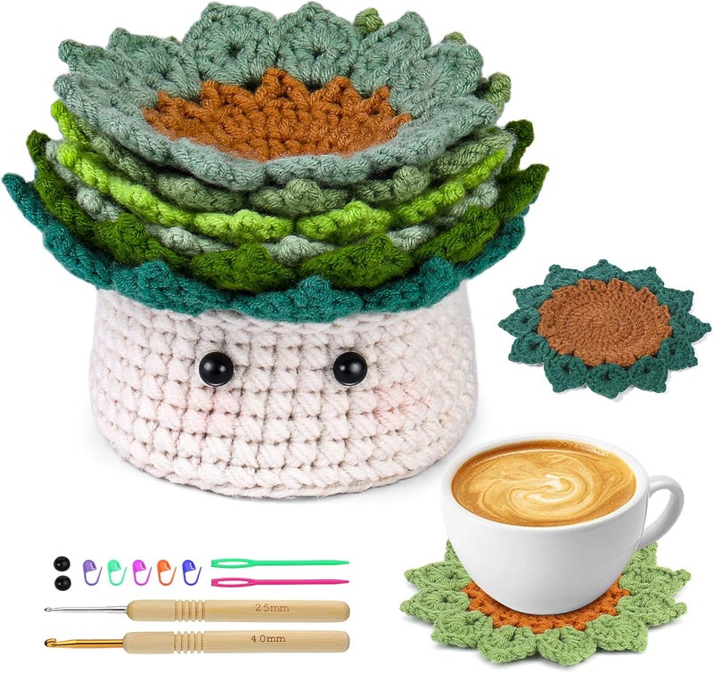 FTEVEN Crochet Kit for Beginners, 6PCS Coasters Crochet Starter Kit Plant Pot, Knitting Supplies Kit with Step-by-Step Video Tutorials, Crochet Yarn for Adults DIY Present - Image 1